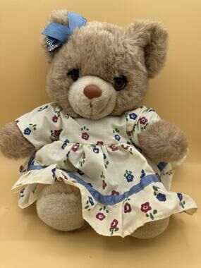 Vintage Applause Teddy Bear Plush 12” Floral Dress Blue Ribbon Stuffed Animal